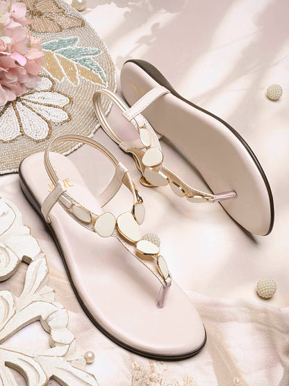 Women, Women Footwear, Cream T-Strap Flats