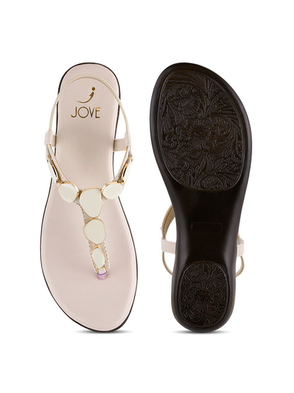 Women, Women Footwear, Cream T-Strap Flats