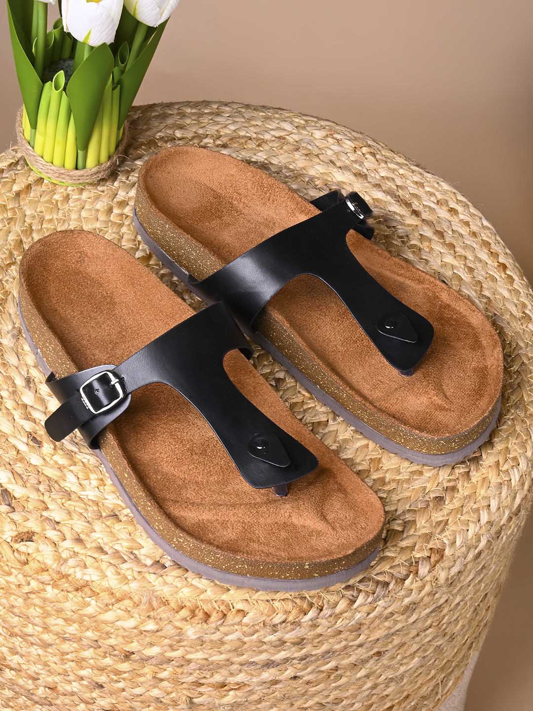 Women, Women Footwear, Black T-Strap Flats