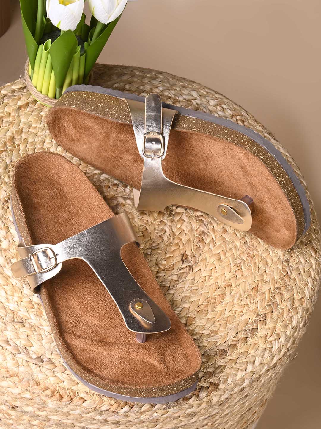 Women, Women Footwear, Gold T-Strap Flats