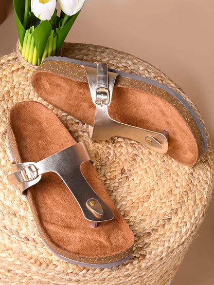 Women, Women Footwear, Gold T-Strap Flats