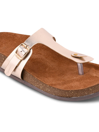 Women Gold Solid T-Strap Flats
