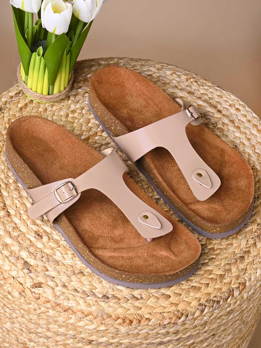 Women, Women Footwear, Beige T-Strap Flats