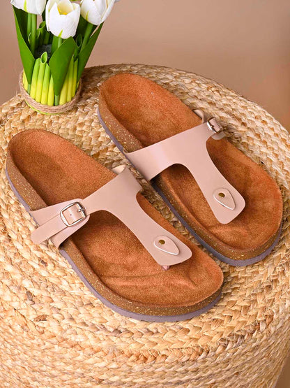 Women, Women Footwear, Beige T-Strap Flats