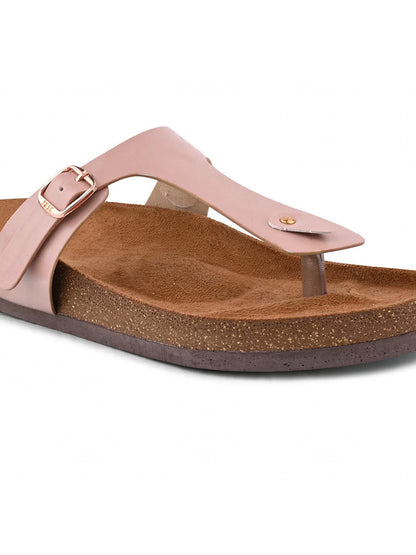 Women Beige Solid T-Strap Flats
