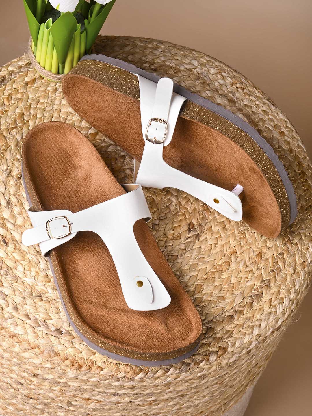 Women, Women Footwear, White T-Strap Flats