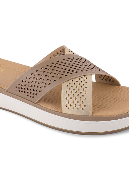 Women Beige Laser Cut Open Toe Flats