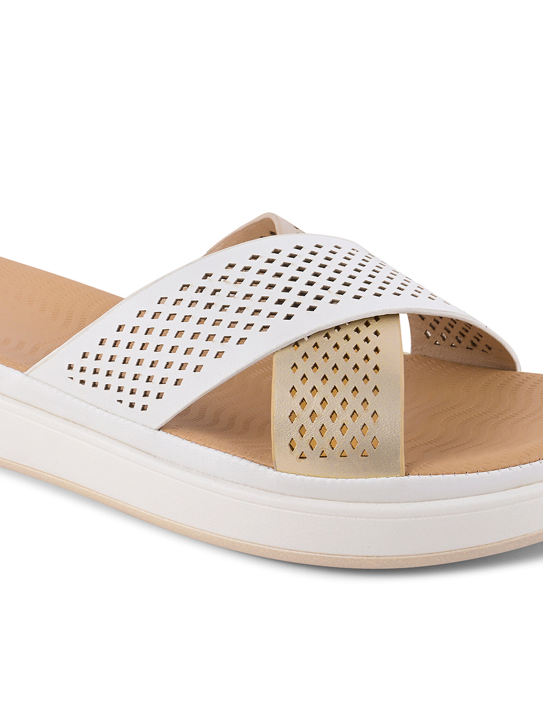 Women White Laser Cut Open Toe Flats