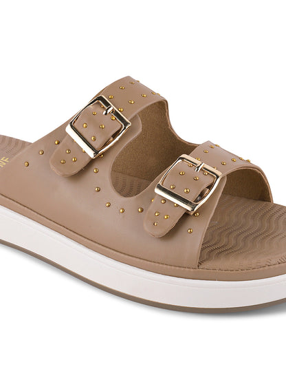 Women Beige Western Embellished Open Toe Flats