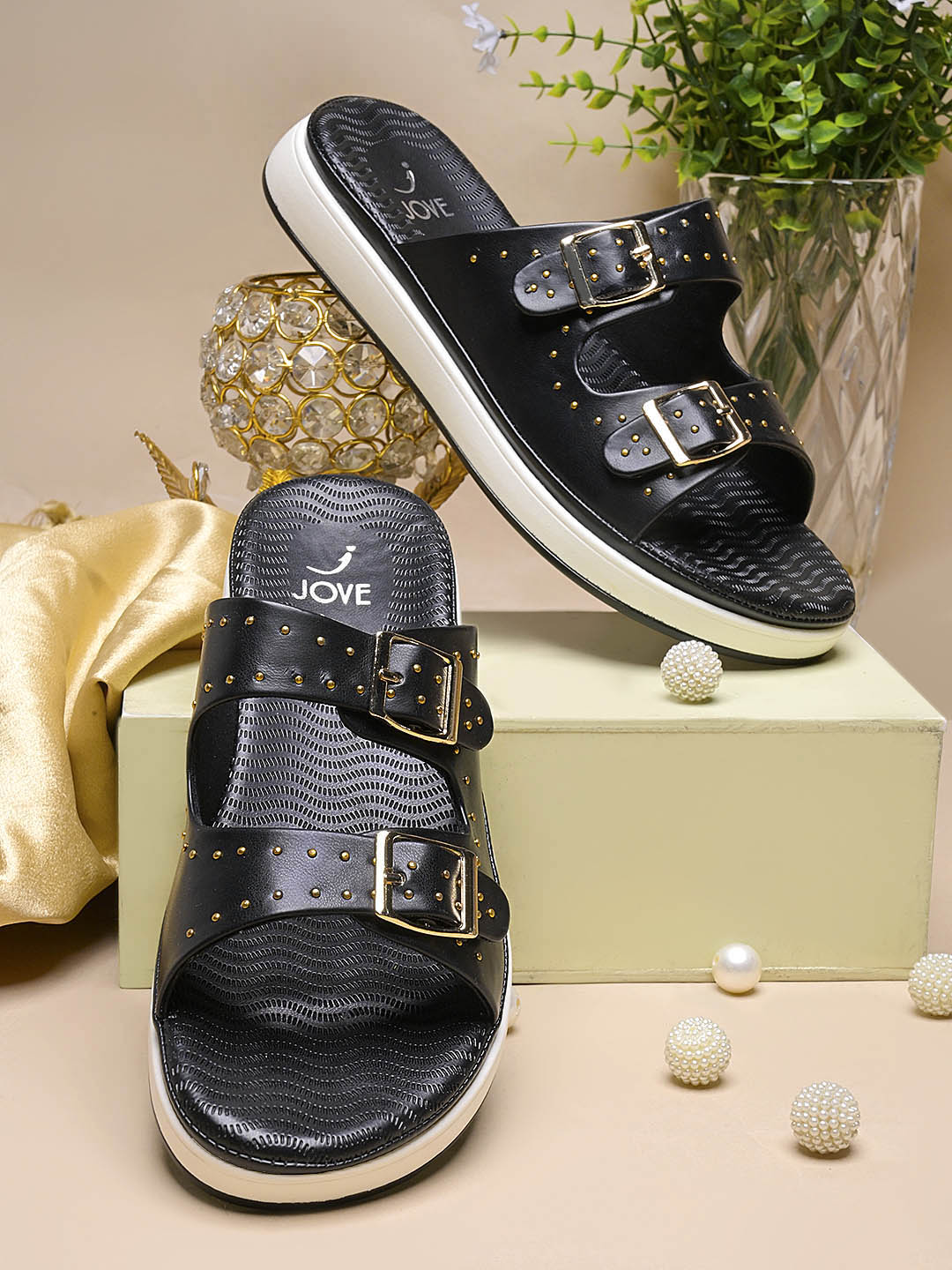 Women, Women Footwear, Black Open Toe Flats