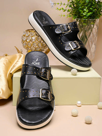 Women, Women Footwear, Black Open Toe Flats