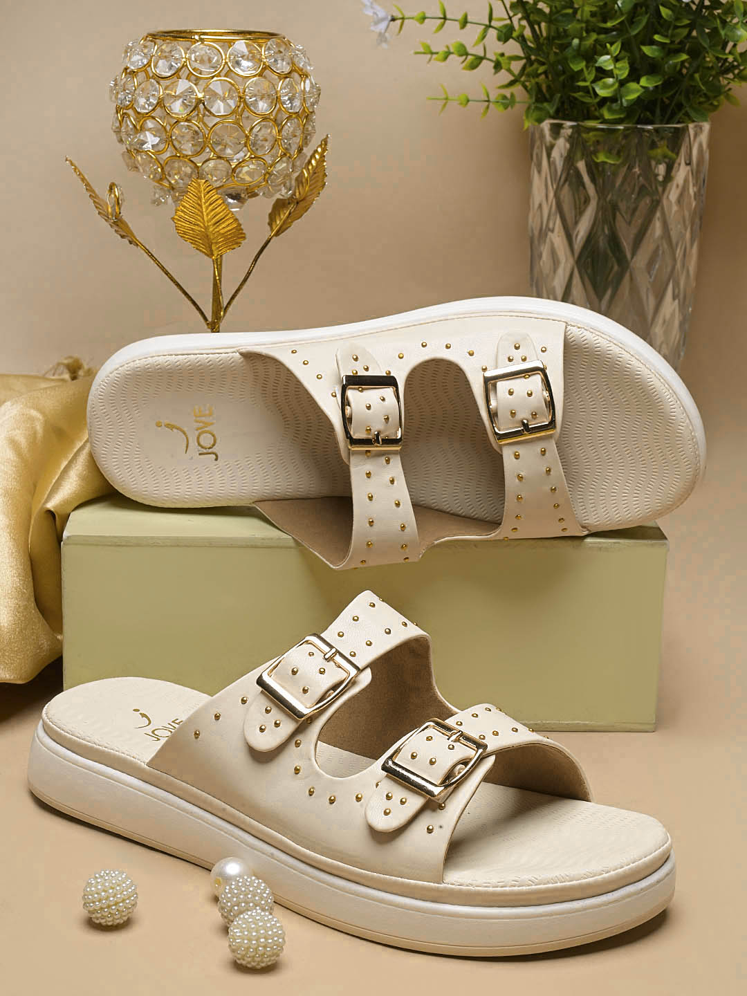 Women, Women Footwear, Cream Open Toe Flats