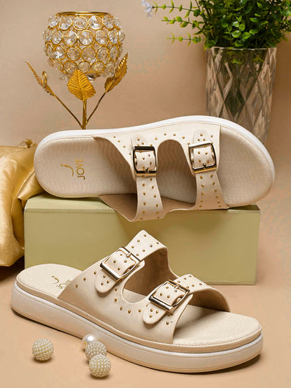 Women, Women Footwear, Cream Open Toe Flats
