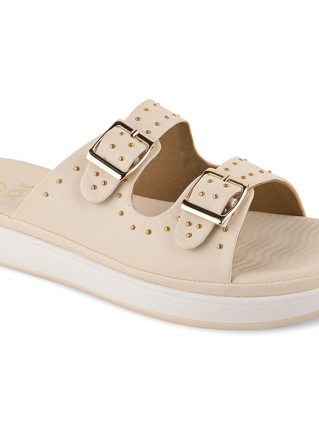 Women Cream Western Embellished Open Toe Flats