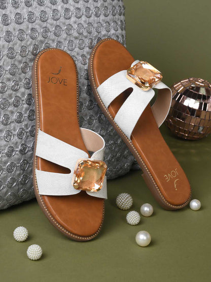 Women White Embellished Open Toe Flats