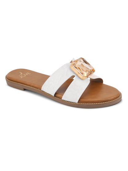 Women White Embellished Open Toe Flats