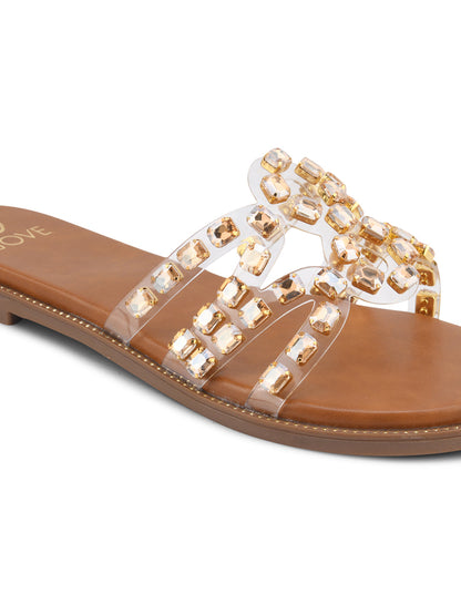 Women Gold Embellished Open Toe Flats