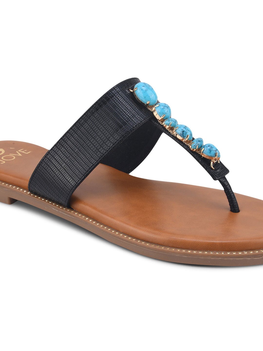 Women Black Textured Embellished T-Straps Flats