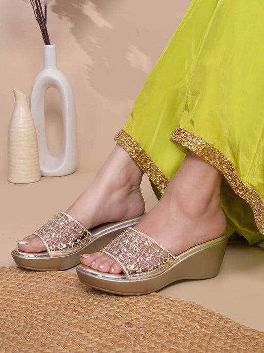 Women, Women Footwear, Gold Wedges