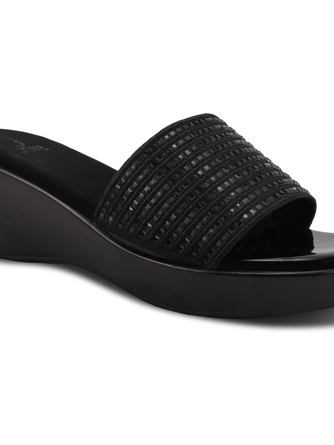 Women Black Striped Embellished Wedges