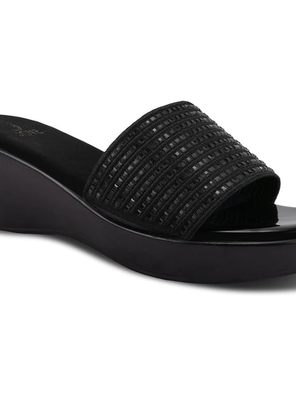 Women Black Striped Embellished Wedges
