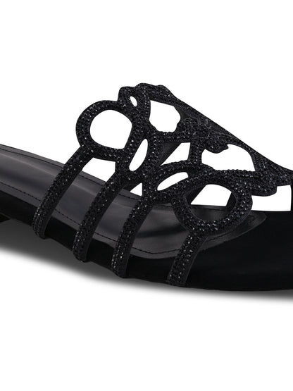 Women Black Embellished Open Toe Flats