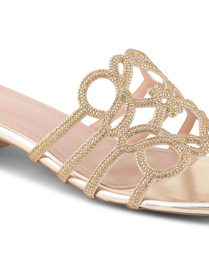 Women Gold Embellished Open Toe Flats