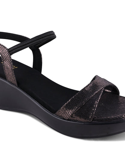 Women Black Textured Metallic Sandals
