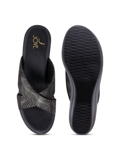 Women Black & Gold Wedges
