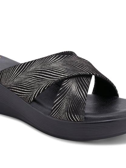 Women Black & Gold Wedges