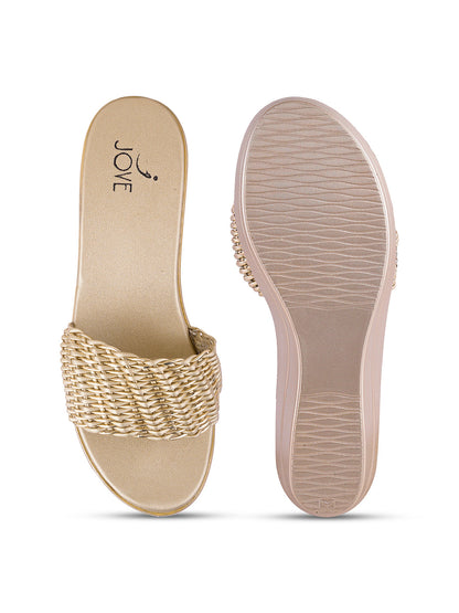 Women Gold Woven Design Wedges
