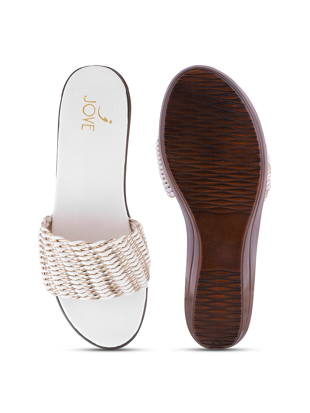 Women White Woven Design Wedges
