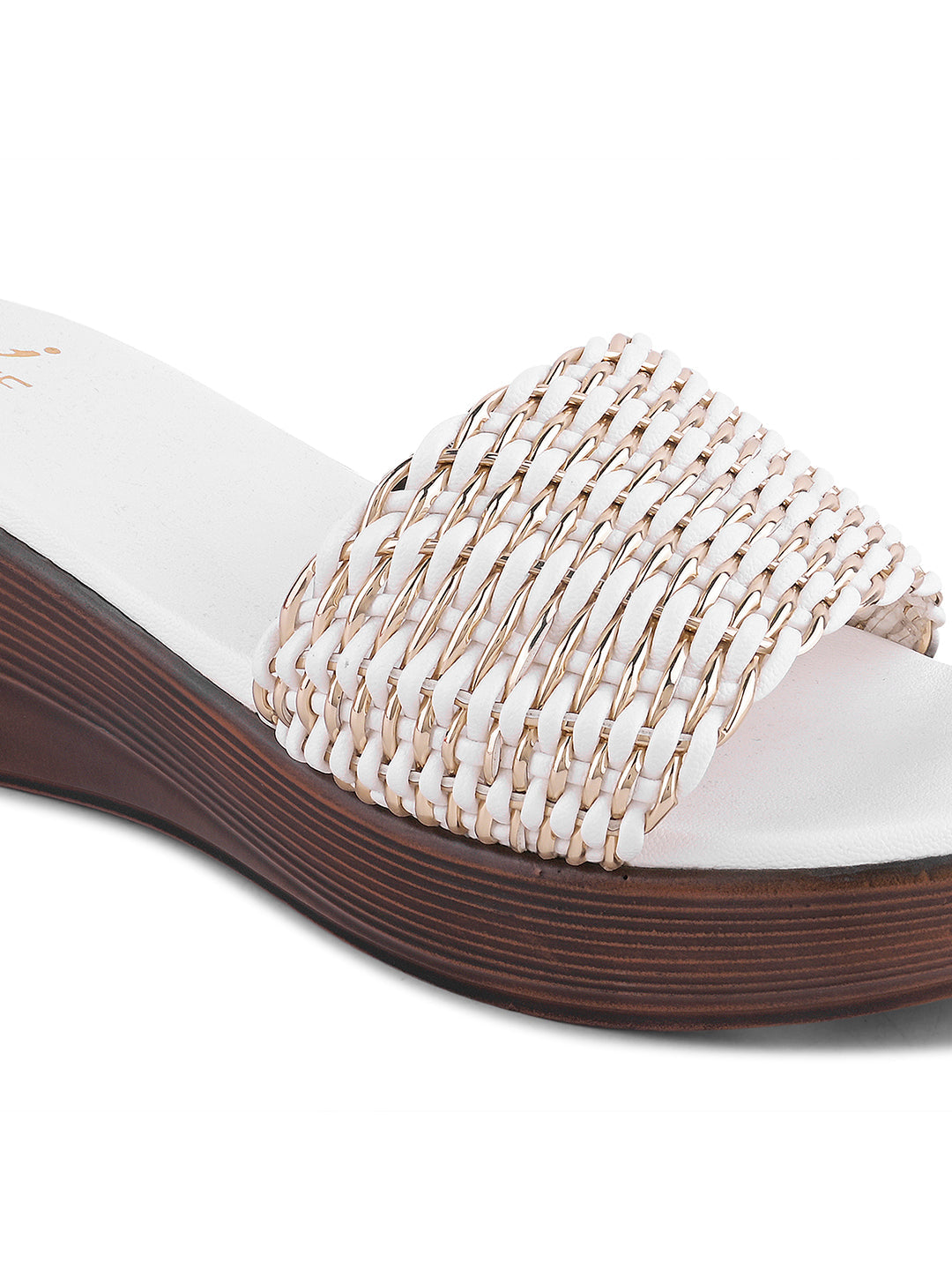 Women White Woven Design Wedges