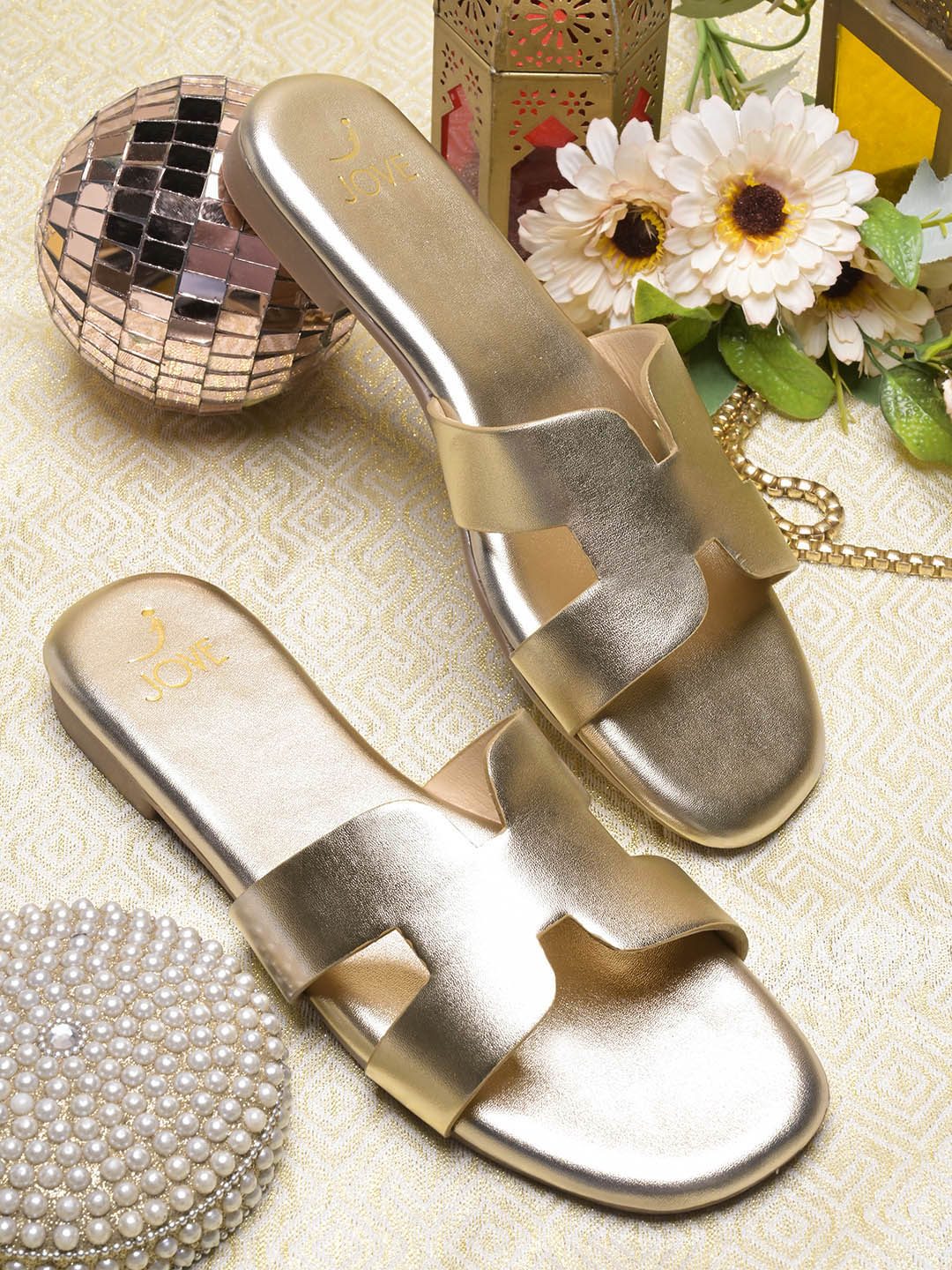 Women, Women Footwear, Gold Open Toe Flats