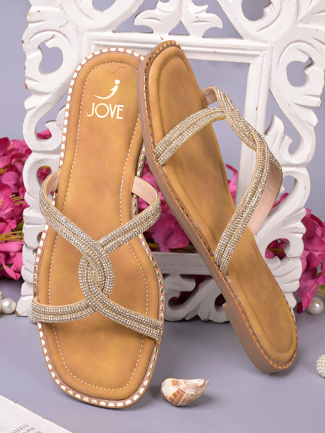 Women, Women Footwear, Gold Open Toe Flats