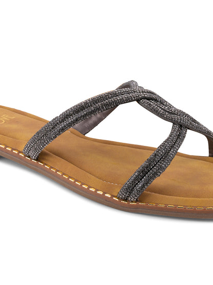 Women Grey Embellished Open Toe Flats