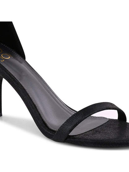 Women Black Textured Ankle Loop Sandals